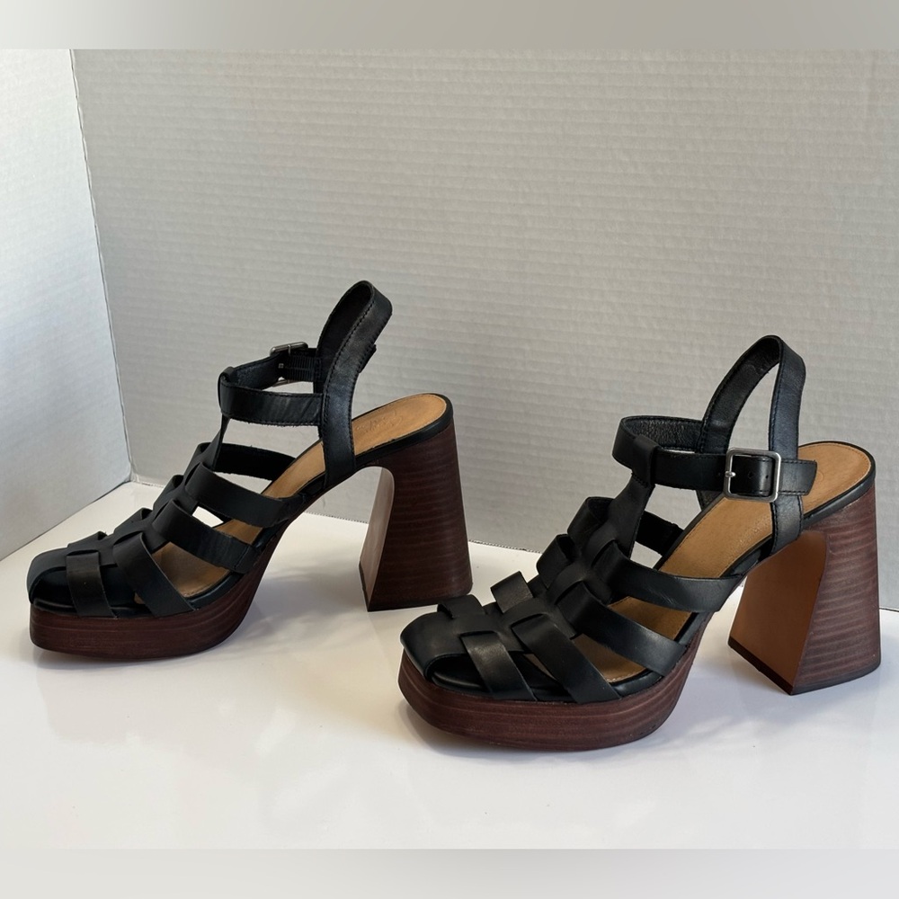 Crown Vintage Farlie Womens Size 9M Black Leather Ankle Strap Block Heel Sandals - Picture 14 of 16